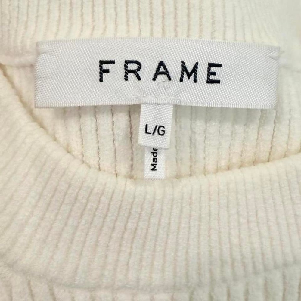 FRAME Ribbed Knit Striped Sweater White Navy Blue Peach Elbow Sleeve Womens L - Picture 2 of 8
